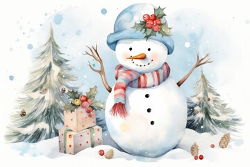 Pastel watercolor Christmas cute happy snowman clip art Generative AI