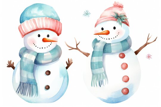 Pastel watercolor Christmas cute happy snowman clip art Generative AI