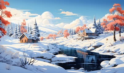 isometric illustration of a many nordic cabin, snowy winter - obrazy, fototapety, plakaty