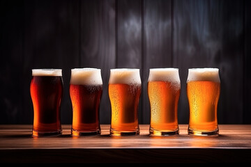 Group of glasses of cold beer on wooden table, dark background and empty space