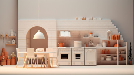 Warm Kitchen background in pastel and sepia tone and fureniture in paper art and craft design concept. Created using generative AI.