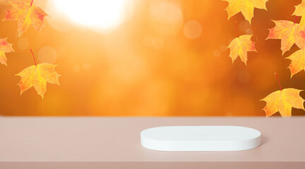 White podium and red-orange maple leaves autumn fall background with bokeh. Mock up for products.