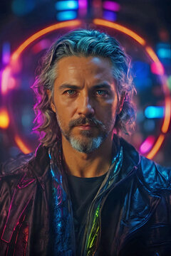 Handsome Mature Man with a Salt and Pepper Goatee and Leather Jacket in a Modern Neon Club Setting