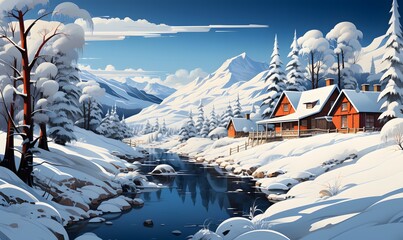 isometric illustration of a many nordic cabin, snowy winter - obrazy, fototapety, plakaty