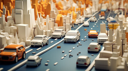 Abstract background cityscape with traffic jam in paper art and craft design concept. Created using generative AI.