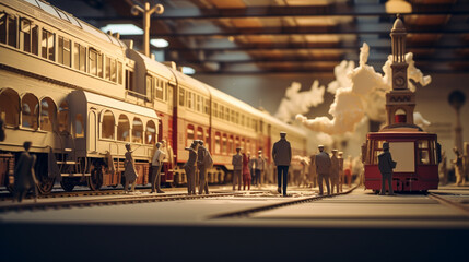 Train station and railway classic style wallpaper with people in paper art and craft design concept. Created using generative AI.