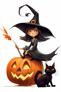 Cartoon of a witch, with her flying broom, her black cat and a halloween pumpkin. Generative AI.