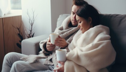 A sick diseased couple sitting on sofa with mugs of tea wrapped in a warm blankets as a result of pandemic virus or flu infection causing illness and comforting days together  - obrazy, fototapety, plakaty