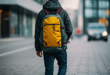 Fototapeta premium A back of person in dark cyan jacket with a yellow backpack walking on a street 