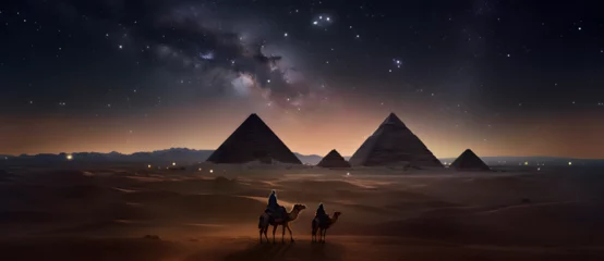 Fototapeten three people riding on camels in the desert in front of a pyramid and night sky © shao