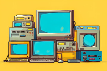 Illustration of the 90s: Internet, bulky computers, connections and pixelated websites