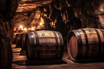Barrels for wine storage in an old underground cellar. Wine cellars concept