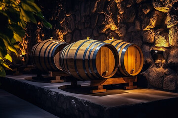 Barrels for wine storage in an old underground cellar. Wine cellars concept