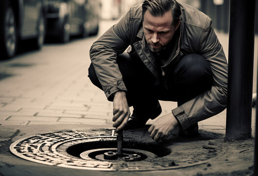 A man in jacket is kneeling down next to a manhole plate for quality checking