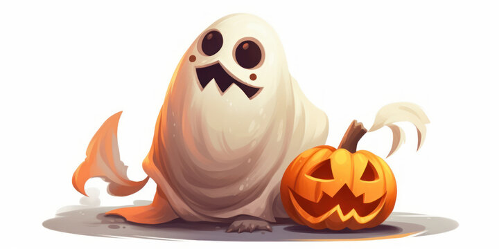 Cartoon of a ghost on a halloween pumpkin. Generative AI.