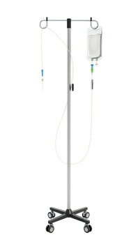 Wheeled adjustable IV pole with serum bag isolated on transparent background. 3D illustration