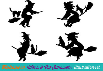 Halloween silhouette illustration element set of spooky flying wicked witch with cat on a broom. collection of background material