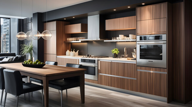 Delve into the modernity of a townhouse kitchen. This highly detailed photograph showcases sleek cabinetry, state-of-the-art appliances, and an open layout that embodies both functionality and style.