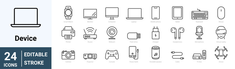 Simple Set of Personal Devices Related Vector Line Icons. Tablet, laptop, phone, console, Smart Watch and more. Editable Stroke.