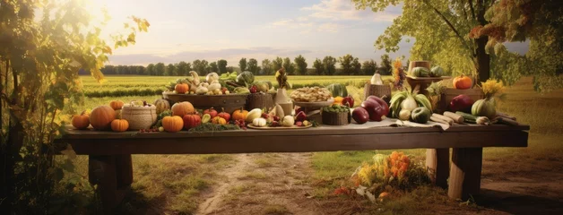 Fototapete the fall harvest, with a focus on a basket of pumpkins, apples, and corn set against a backdrop of fields, trees, and a clear sky. Convey the essence of Thanksgiving's agricultural traditions. © lililia
