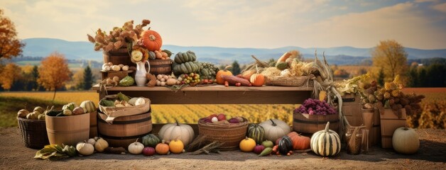 Obraz na płótnie Canvas the fall harvest, with a focus on a basket of pumpkins, apples, and corn set against a backdrop of fields, trees, and a clear sky. Convey the essence of Thanksgiving's agricultural traditions.