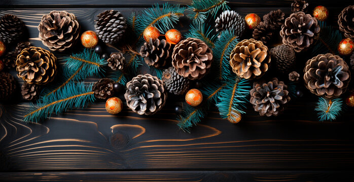 Festive New Year decorations, Christmas wooden background, advertising template - AI generated image