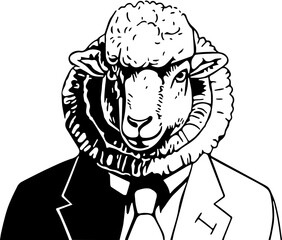 Vector graphic with black outlines shows a sheep in a suit.  It symbolically shows a gullible merchant.