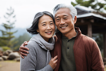 Obraz premium A east Asian retired couple in light autumn clothes as tourists, visit UNESCO world heritage sites in Korean, happy trip for senior people