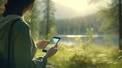 a woman's hands using a mobile phone against a scenic natural background, highlighting the convenience of staying connected while enjoying nature.