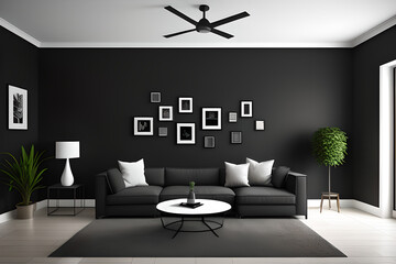 Modern dark home interior background, wall mock up. Wide view