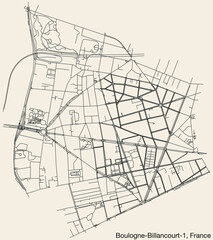 Detailed hand-drawn navigational urban street roads map of the BOULOGNE-BILLANCOURT-1 CANTON of the French city of BOULOGNE-BILLANCOURT, France with vivid road lines and name tag on solid background