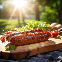 Fresh juicy sausage on a wooden board, sunny day. Generative AI. - obrazy, fototapety, plakaty