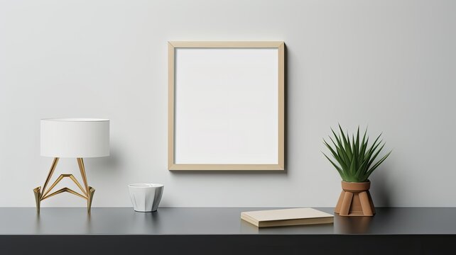 a blank award template mockup with an empty frame placed in a modern office setting characterized by light colors and minimalist design. Convey the idea of recognition and achievement.