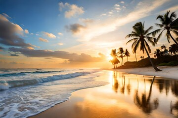 Fototapeta na wymiar Beach, wave, palm tree, sand, chair, cloud, sky