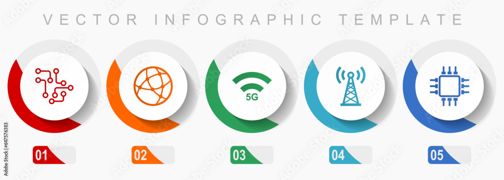 Poster Technology and computer icon set, miscellaneous icons such as chip, globe, 5g, antenna and computer, flat design vector infographic template, web buttons in 5 color options