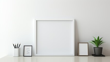 a blank award template mockup with an empty frame placed in a modern office setting characterized by light colors and minimalist design. Convey the idea of recognition and achievement.