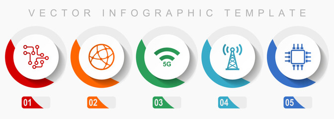 Technology and computer icon set, miscellaneous icons such as chip, globe, 5g, antenna and computer, flat design vector infographic template, web buttons in 5 color options