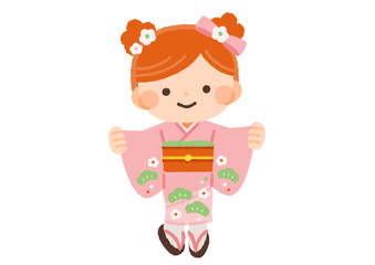 着物を着てポーズを取る女の子のイラスト素材