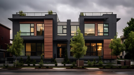 Appreciate the architectural detailing that sets modern townhouses apart. The photograph highlights unique design elements such as geometric shapes, materials.