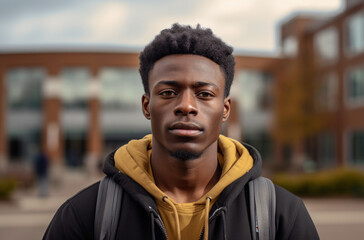 African american male college student leaning on shelf in library and looking at camera. Generated by AI