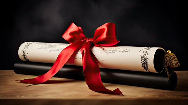 a diploma scroll elegantly tied with a red bow, isolated on a pristine white background. Convey the sense of pride and accomplishment associated with completing a significant academic journey.