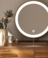 Vintage wooden dressing table, gold steel frame round vanity mirror with LED light, exotic flower...