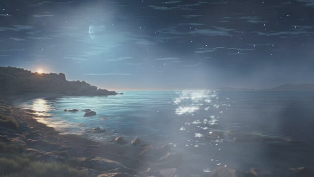 Beach atmosphere at night with views of shooting stars in the sky, seamless and looping animation