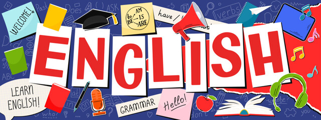 English. English language hand drawn doodles, lettering and stickers. Language education banner.