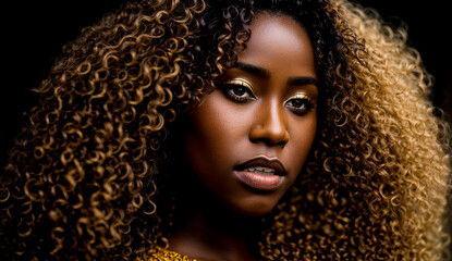 Portrait of a beautiful African American young girl with makeup, beautiful long curly hair