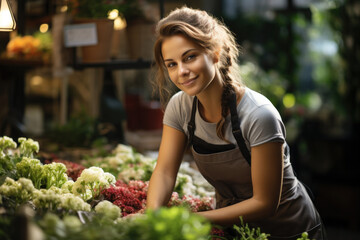 Portrait of attractive young woman small business owner standing in her flower store, making bouquet and looking at camera with smile.