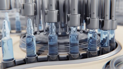 Concept health and beauty. Close-up of Medical Ampoule Production Line at Modern Modern...