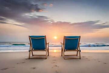 lounge chairs on the beach at sunset