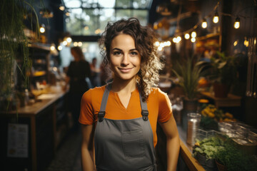 Portrait of attractive woman small business owner standing in her flower store reflecting the spirit of entrepreneurship and self-confidence and looking at camera 