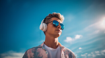 Young Man with Headphones and Sunglasses